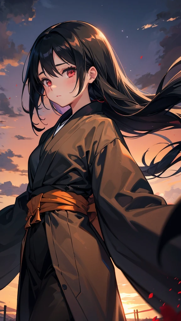 Girl, long black hair, Itachi&#39;s female appearance, black and red robes, sharingan eyes, background in konoha