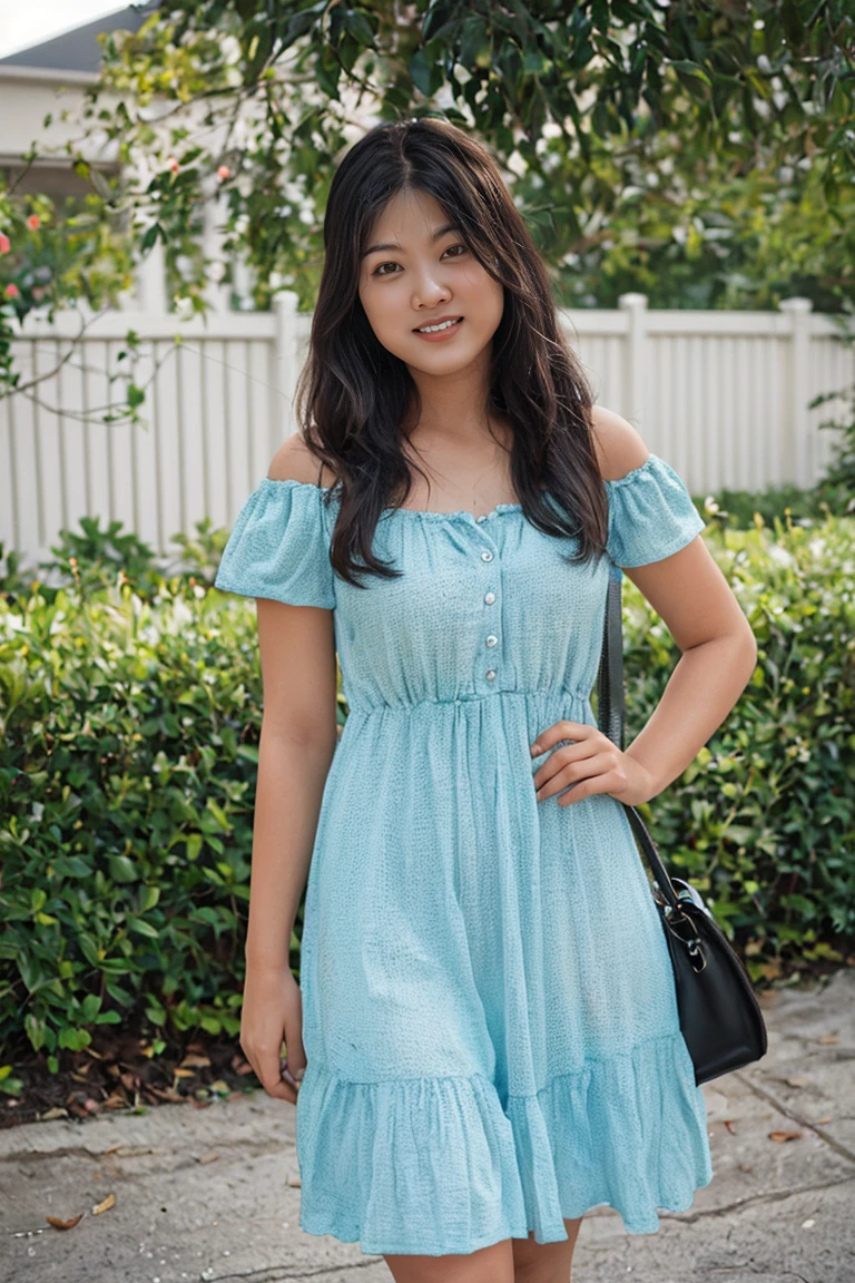 Realistic amateur photo posted to facebook , beautiful Young Cute Female , yard ,dress