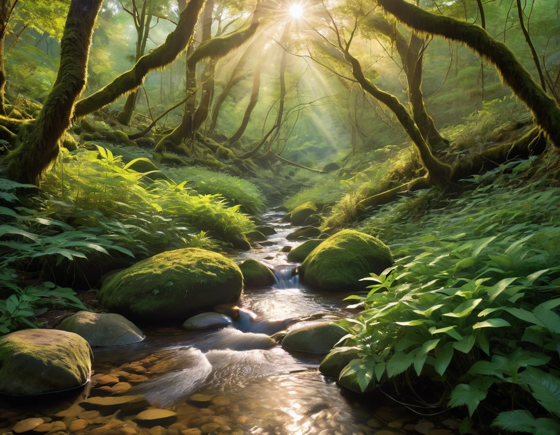 A photography of a small stream running through a dense forest bathed in the soft glow of sunlight filtering through the canopy. The image should capture the play of light and shadow on the foliage and forest floor, with wildflowers, mosses and bare rocks amidst the undergrowth. The lush forest should be teeming with life, the air filled with the sounds of rustling leaves and birdsong. Use a high-resolution 8k camera, a raw style, vibrant colors, particles, cinematic light and fantasy aesthetics, high contrast, high saturation, hdr