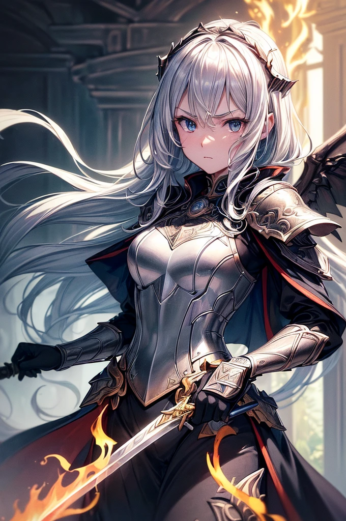 ((Super exquisite illustrations, 8K, masterpiece :1.2, sharp focus :1.2, Depth of Field:1.2)), beautiful sword girl, absurd, Highly detailed face and skin textures, silver hair, Jet black armor, flame armor, Cloak wrapped in flames, sword wrapped in flames, Wings of Fire, determination to overcome grief, Your gentle eyes reveal determination , strong soul
