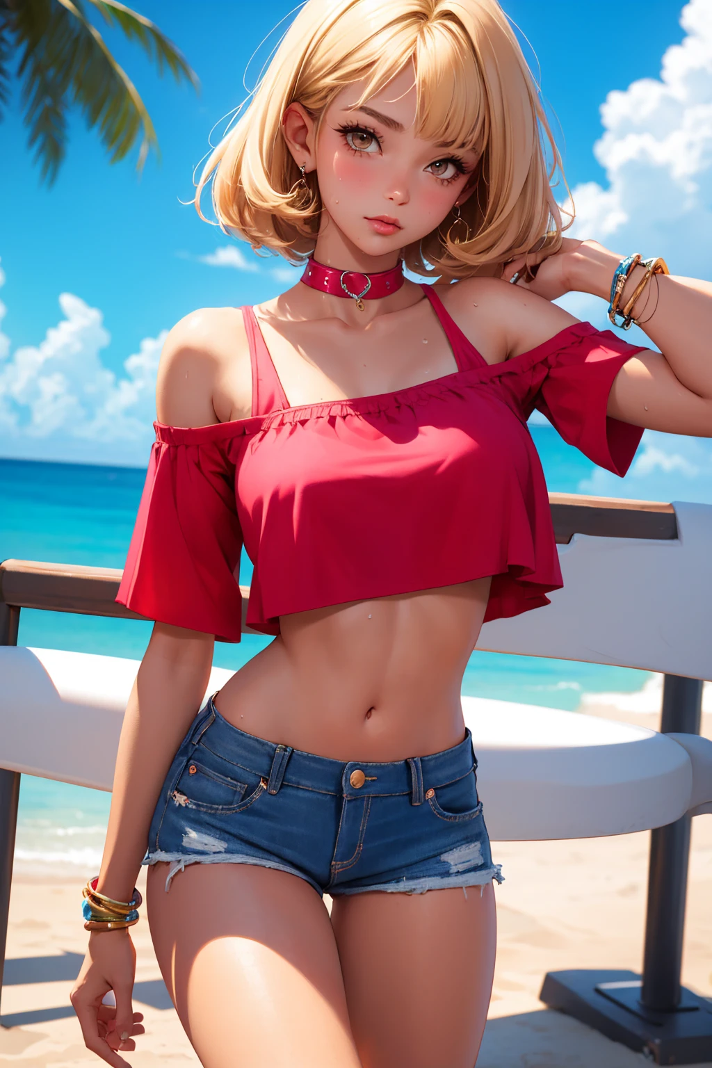 age girl-model 18 years old, hot slave naughty girl, beautiful, too much tanned, blonde, bob hair, bangs, brown eyes, beautiful figure, girl wearing crop shirt and too much short mini shorts, beautiful too much long legs, slave bracelets, slave choker, manicure, cute makeup, sweaty armpits, flirtatiously posing, hot summer, hot flirty, sexy posing, summer outfit, top quality, higest quality, pin-up style, retro 80s style, Daisy Dukes style, Miami vibes, Californian