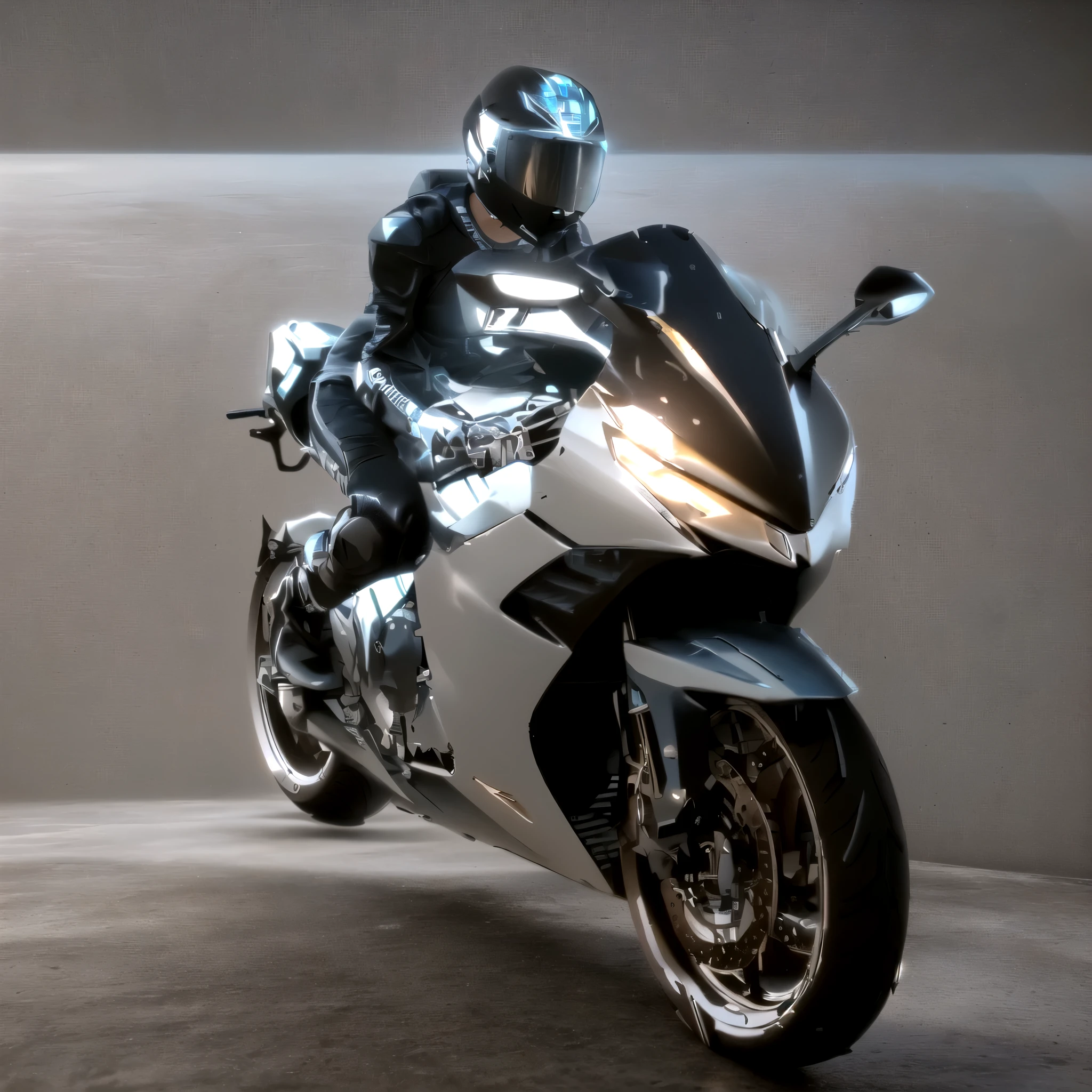 Arafed image of a man riding a motorcycle on grey background, Motorcycle concept art, concept mask, riding a Futuristic motorcycle, Parchment Art,3D Rendering N-9, daniel maidman octane rendering, Futuristic motorcycle, 3d rendering octane, 3d rendering octane, Honda RC 2 1 3, Extreme Rendering, Sitting on a cyberpunk motorcycle, Cycle Rendering, 3D Rendering