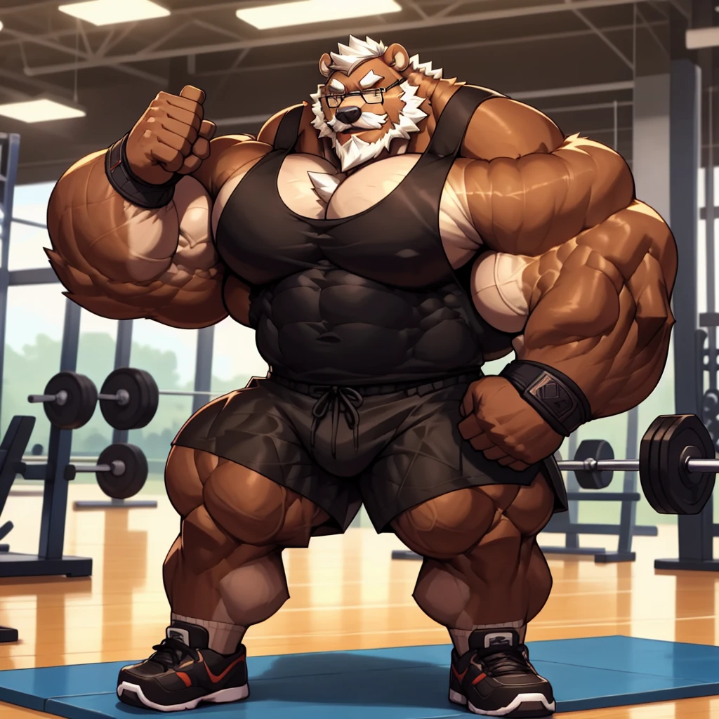 solo, 1boy, Huge Muscular Old Grizzly Bear wearing glasses, correct anatomy, steroid, pectoral, huge pectoral, wide pectoral, short white hair, black gym short pants, black wristbands and black black tank top , bearded, Mustache, gym background, masterpiece, high detailed, 8k, high resolution, at the gym, bending and lifting heavyweights