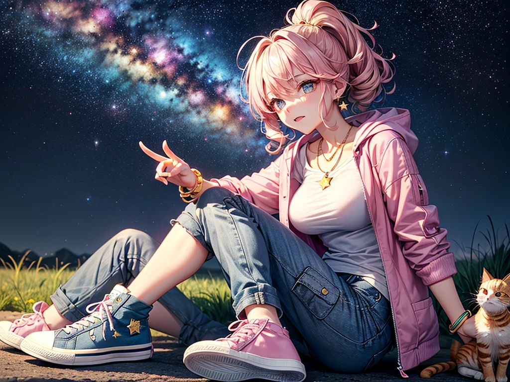 ((Holding a cute orange bantam cat))，((Highest quality，masterpiece，Full frontal view of a blue-grey super-long high ponytail mature beauty with straight hair and big breasts，Air bangs，Slightly curly hair on double sideburns，Hair ends curled in，Gray and pink short T-shirt，Light blue denim gray hooded jacket，Black and gray cargo pants，Pink and white sneakers))，Simple, small and exquisite round necklace，Little star earrings，Wearing a very thin gold bracelet on the right hand，starry sky galaxy background