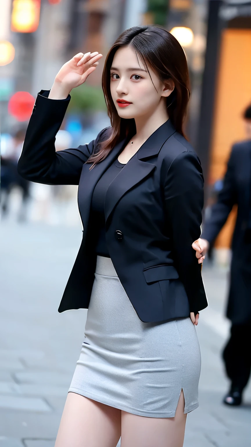 best quality, masterpiece, 1 Girl, Pretty Face, 25 years old,Mature,(photo Practical:1.3), Rim Light, (High Detail Skin:1.2), 8K uhd, Digital SLR Camera, high quality, high resolution, 4K, 8K, Bokeh, absurd, The best ratio of four fingers and one thumb, (Practical:1.3), cute 1 Girl, Wearing a black formal suit jacket, Medium breasts, Short skirt,