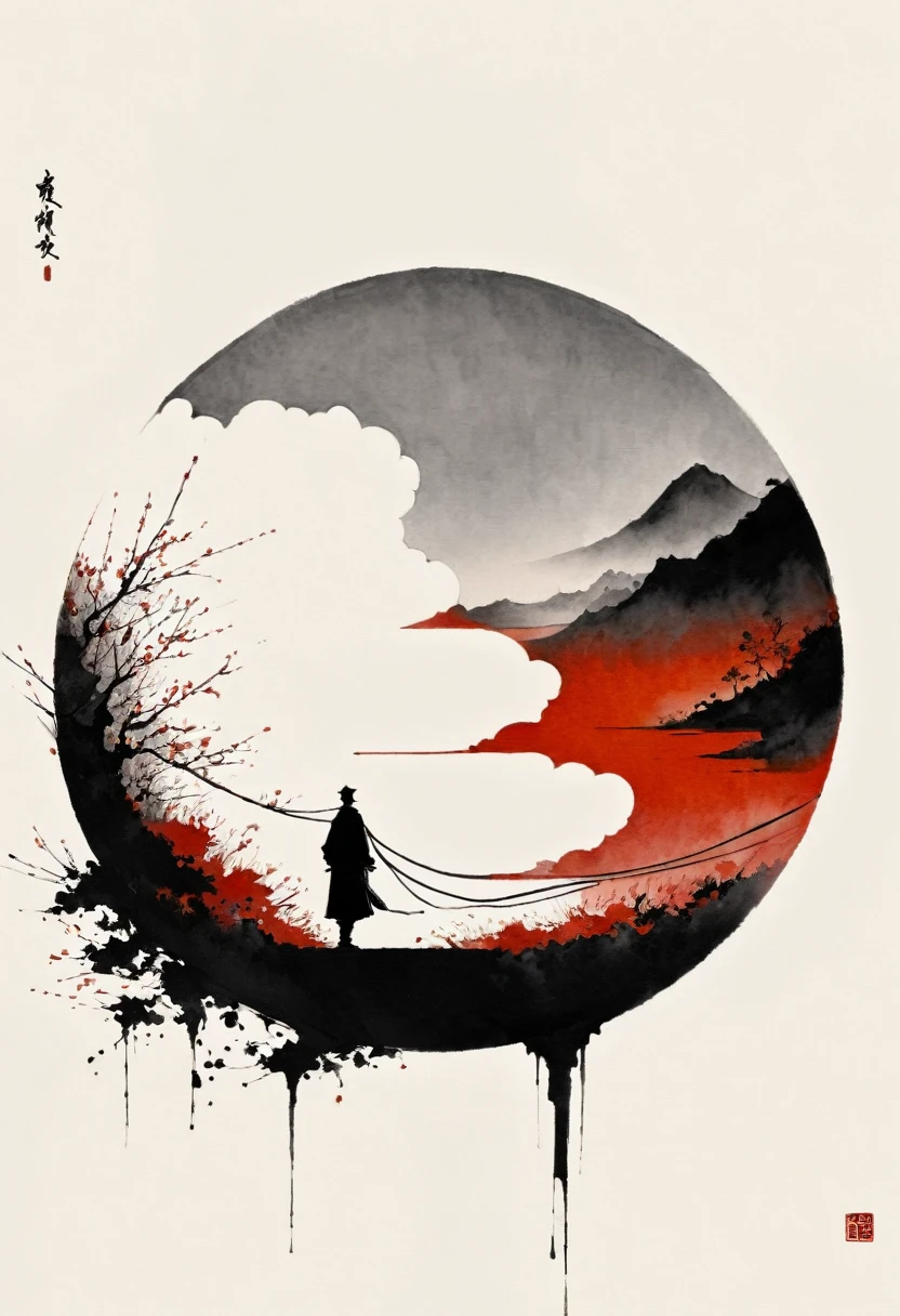 中国Ink Painting, Gray and White, Minimum, Wire, White background,The Trail, Minimalism, Wire性风格, Huge negative space, Ink Painting, Abstract,Blood-stained sunset,solitary Man