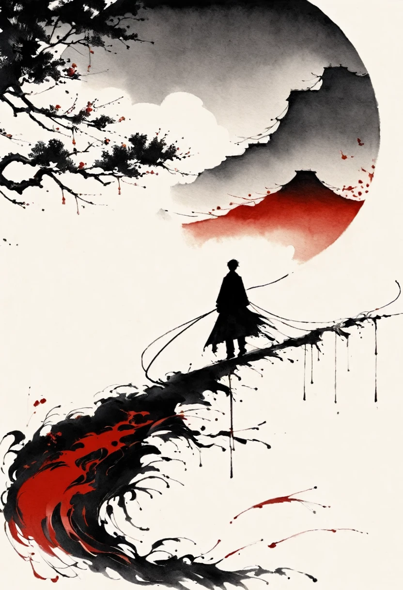 中国Ink Painting, Gray and White, Minimum, Wire, White background,The Trail, Minimalism, Wire性风格, Huge negative space, Ink Painting, Abstract,Blood-stained sunset,solitary Man