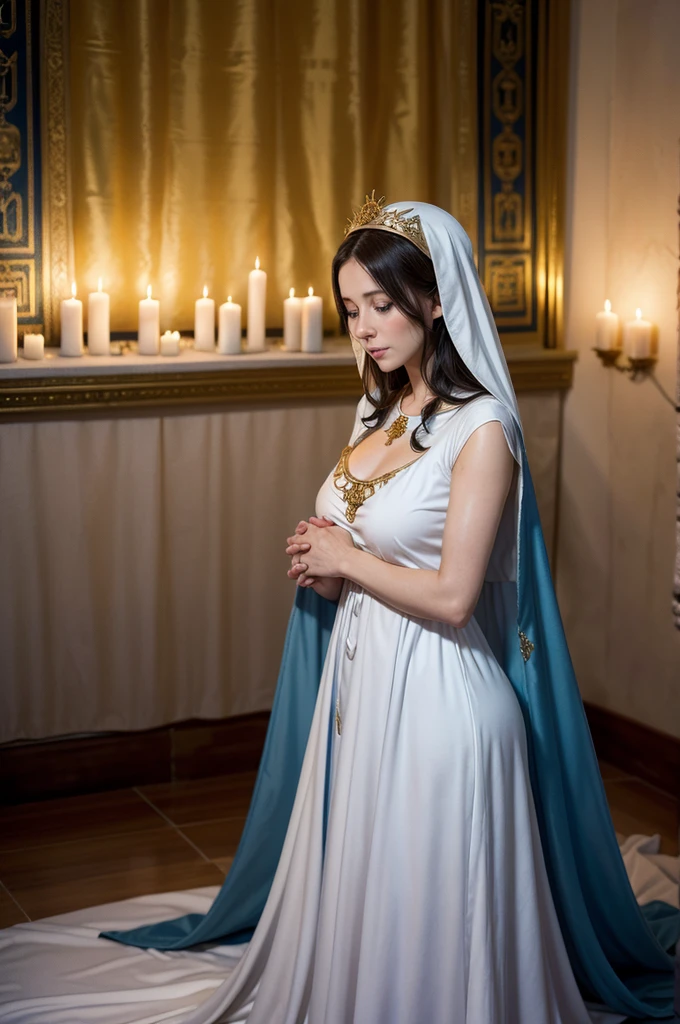 Our Lady of Fátima, a girl originally from the city of Nazareth in Israel, aged 18, surrounded by dazzling light, her dress with a pure whiteness, as well as the mantle decorated with gold, which covered her head and a large part of her body, a heart wrapped in thorns and living flowers