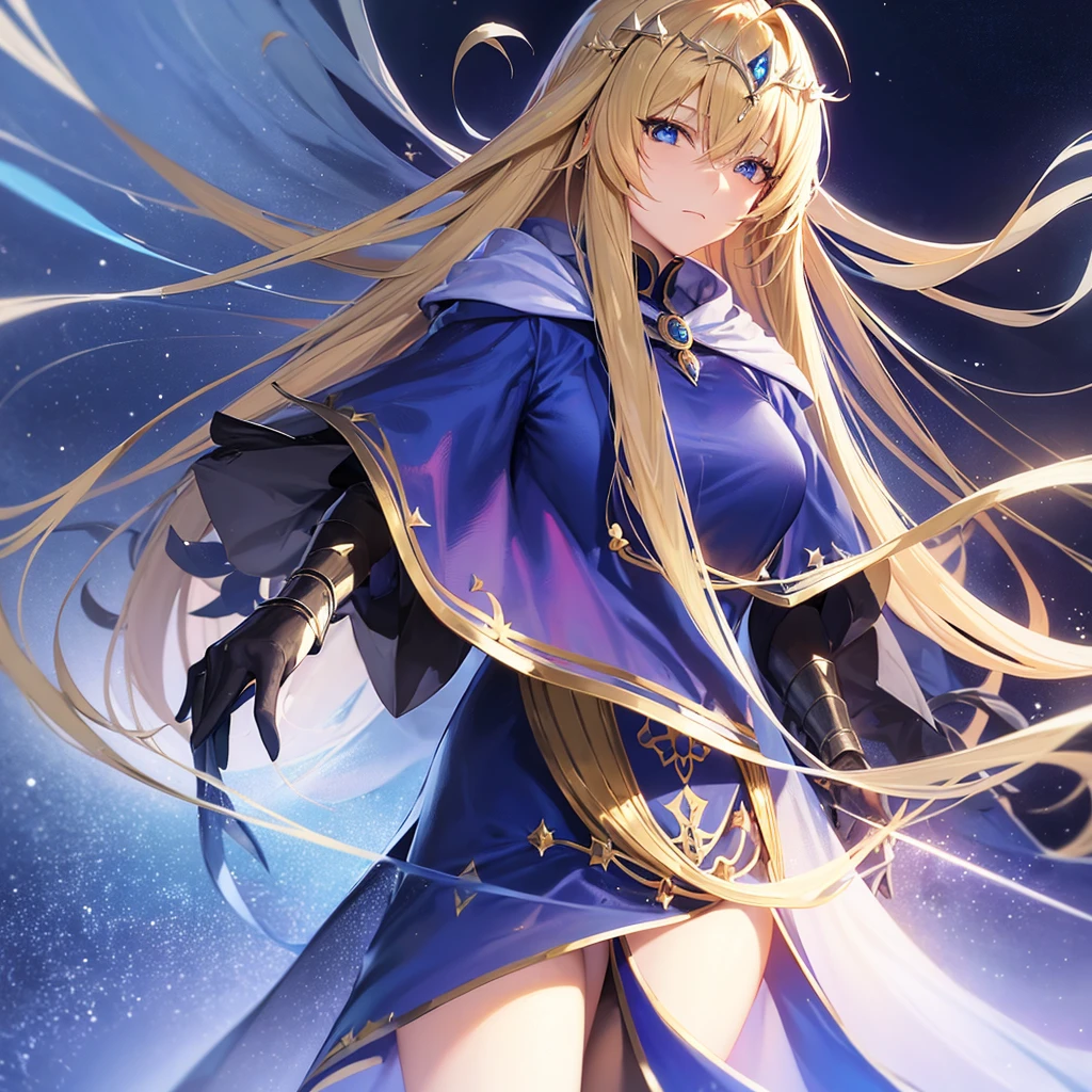 Anime-style image of a woman in a blue dress with a hood, Artoria Pendragon, anime style like destiny/Stay Night, destiny grand order, blonde anime girl with long hair, dressed in a Blue Cape, Blue Cape, Beautiful Witch, destiny / Stay Night, Anime Goddess, portrait of a Female Wizard, Female Wizard!