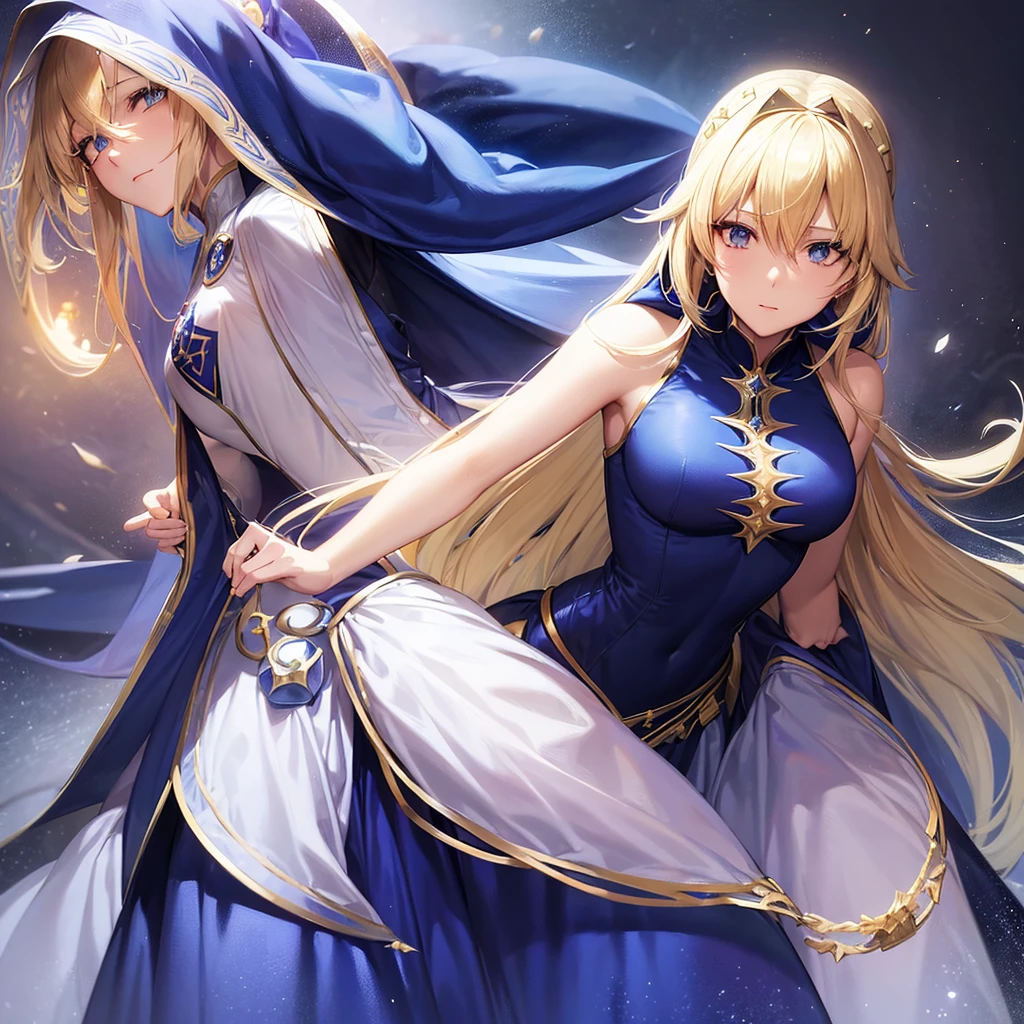 Anime-style image of a woman in a blue dress with a hood, Artoria Pendragon, anime style like destiny/Stay Night, destiny grand order, blonde anime girl with long hair, dressed in a Blue Cape, Blue Cape, Beautiful Witch, destiny / Stay Night, Anime Goddess, portrait of a Female Wizard, Female Wizard!