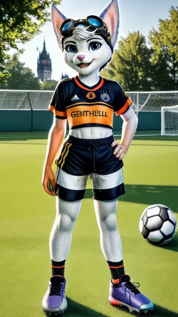 Rivet, tail, furry girl, 1girl, solo, young, (((Germany soccer shorts))), (((Germany soccer shirt))), (((Germany soccer shoes))), standing inside city park, detailed body fur, detailed body, detailed eyes, detailed face, athletic, skinny, high quality, masterpiece, small breasts, goggles, :D, looking at you, full body, ((good lighting on crotch)), (aroused), (horny), (bedroom eyes), ((vaginal juice dripping from crotch))