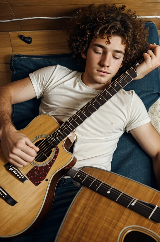 What do you think is an image taken from the ceiling of a curly-haired boy with freckles who sat next to his guitar to sleep with his cell phone listening to a song