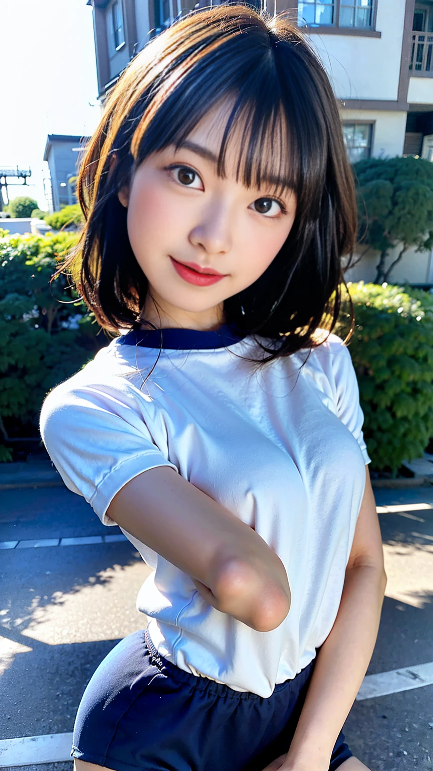 masterpiece, ultra high res, (photorealistic:1.4), 8k, RAW photo, best quality, detailed shadow, sharp focus, bloom, (bokeh:1.3), (blue Hour Light:1.6), (woman posing for a photo:1.5), (cowboy shot:1.3), (close up:1.5), (looking at viewer:1.2), break 1girl, (laugh:1.5), (open mouth:1.4), (light brown hair:1), (wavy hair:1.6), (short bob cut:1.5), (bangs:1), (small breasts:1), (perfect face:1.4), super detailed beautiful skin, (abs:0.7), (round face:1.5), (wide forehead:1.25), (skinny:1.2), (fair skin:1.5), (transparent skin:1.5),(Japanese idle:1.5), (loli face:1), (detailed and structured patterns:1.6), (18 years old:1.5), (White tight Japanese Gym Uniform:1.6), (black tight buruma:1.6), (latex:1.1), (Post town in the Edo period:1), (A row of buildings from the Edo period:1), (ridge road:1.4), (dirt road:1.4), (Japanese Geta:1), (outdoor:1.2), (street:1.2),