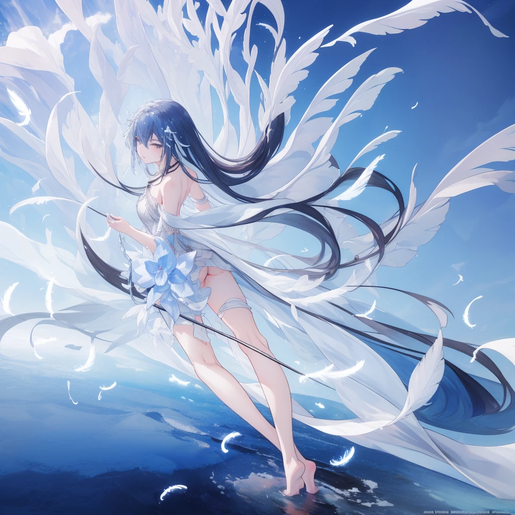 ((A close view)) of a anime girl, (standing in the water), cinematic light, slim body with curves, skin perfectly white, soft, and smooth, Extremely delicate and beautiful CG illustration, best quality, high resolution, dynamic angle, full-length lens, (1 girl), soft light, high-key lighting), glowing light, blue aura, feathers fluttering background, blue crystal, black long hair, barefoot