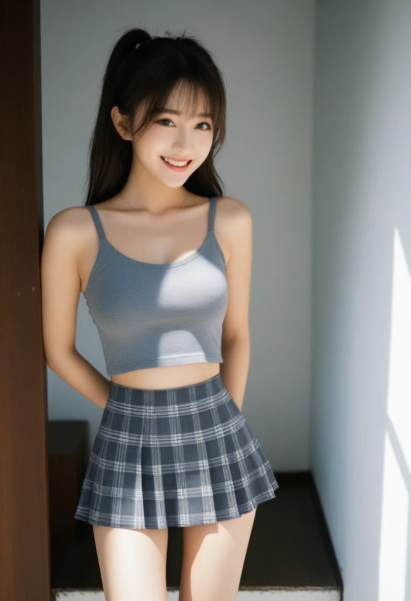 8K, Ultra-high resolution, Highest quality, masterpiece, 三分割法によるphotograph,Surreal, photograph, 1 Girl, (16 years old:1.3), pretty girl, Cute face, Beautiful eyes in every detail, 細かくdetailedに,masterpiece,, One Girl:1.2, Japan Female Announcer,full body,from below,from behind,((very small head:1.3)),Center-parted bangs,amount,Black Hair,Long Hair,Iris,Gorgeous eyes,smile,((Toned body,Slender body,skinny)),(Sports bra、Bra Top,Grey plaid pleated mini skirt,Tennisshoes),振り返ってsmile,Glowing Skin,Shiny skin,Climbing the stairs,Fire escape in a building,Beautiful leg line beauty,Captivating thighs,Full of sex appeal,Sensual,屈託のないsmile,Heal the heart,Low ponytail、beauty,Long neck、Laugh a little、Please close your mouth and laugh、(((Ideal body type))),A cup small breasts :2,、Portraiture:2、Perfect Anatomy、鮮明なdetailed、detailed、Surreal、Light and shadow,Strong light