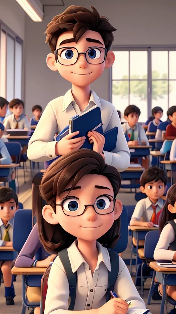 A student boy, in high school student clothes, They are sitting in the classroom, They are sitting in the classroom, taking the test, looking at the notebook, there are other students in the room and they are all studying and taking the test. everyone is focused on studying. closeup.