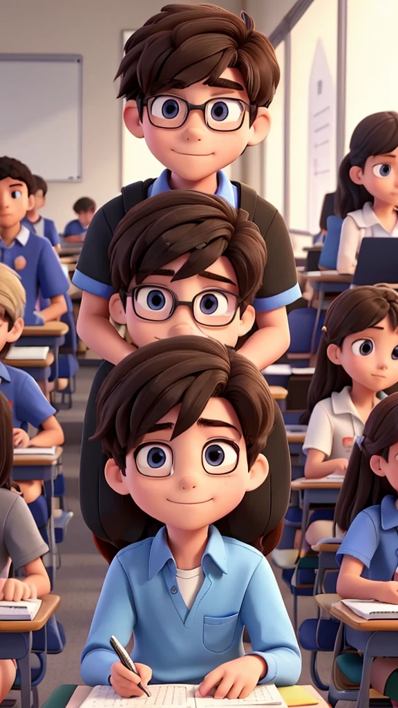 A student boy, in high school student clothes, They are sitting in the classroom, They are sitting in the classroom, taking the test, looking at the notebook, there are other students in the room and they are all studying and taking the test. everyone is focused on studying. closeup.