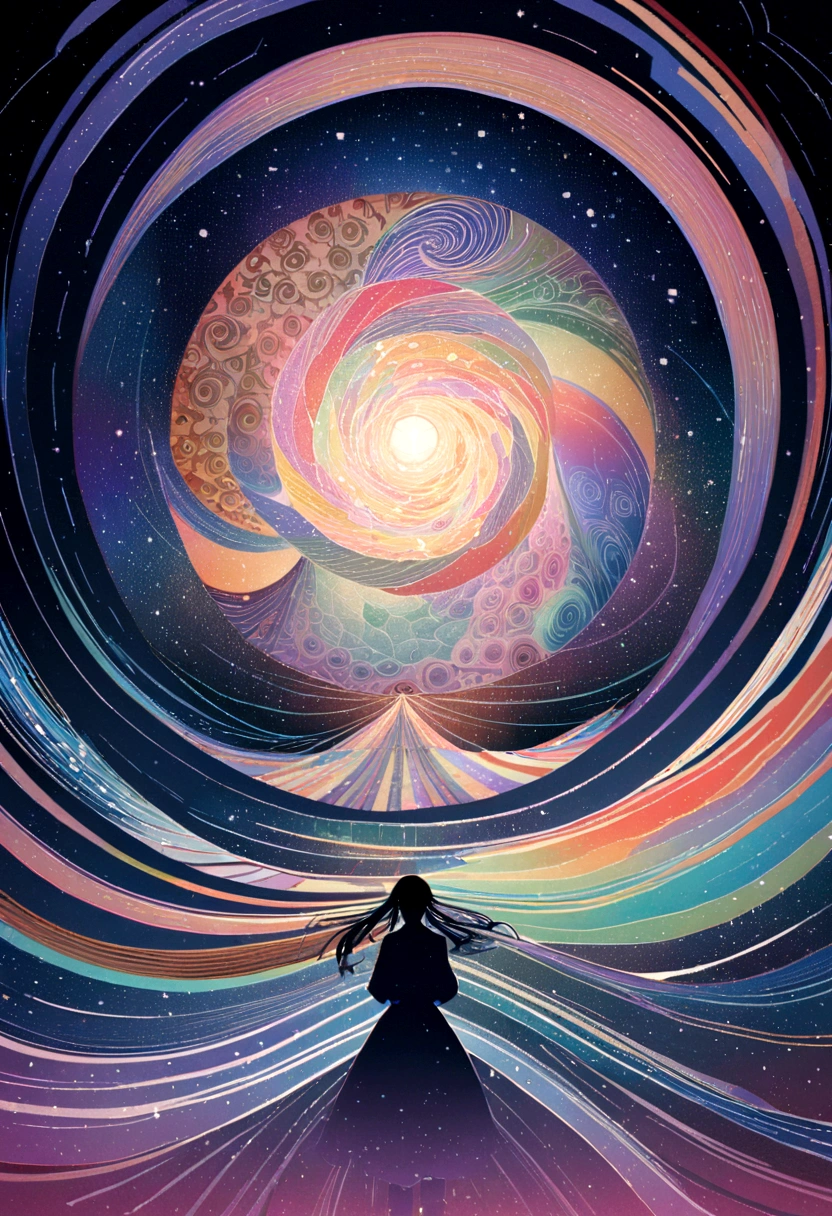 Flying Girl、Starry Skyを飛ぶ少女、color々なcolorの星の光、diego gisbert lawrence、Joe San Gonzales and Mumford、Picture book illustrations、Psychedelic Art、One Girl、Starry Sky、nebula、Swirl、water、vague、superwide shot、Highest quality、Super detailed、Intensive、Golden ratio composition、Kanna Hashimoto