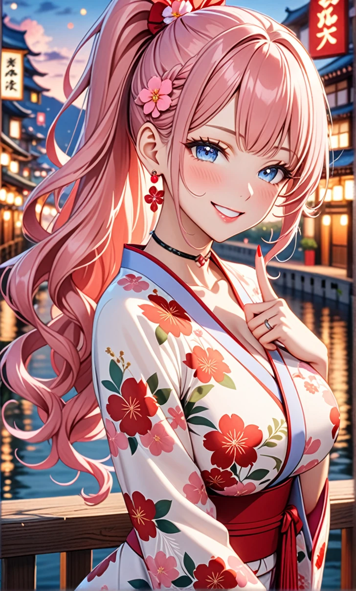 ultra-detailed, ((one girl)), in pastel colors girl, hyper detailed, absurdres, 8K, Beautiful Face, (Laugh shyly), ((teasing smile:1.8)), ((Wink:1.8)), (Laugh with your mouth wide open),(Tilt your head:1.3), ((put index finger on mouth:1.6)), View your viewers, ((Bright red cheeks:1.6)),Glossy Red Lips, ((Big Breasts:1.5)), (valley),night, Riverside,On Bridge, firework, (Brighten your face), ((Anime style background)),masterpiece, Highest quality, so beautiful,Latest, Complex details, (Pink long nails), (nail art), (ring),(bracelet), (Floral Choker),AI-generated, Complex,High resolution, Highest quality, super high quality,3D Images、3D Images,One person,Pastel pink long hair,(High Ponytail), (wavy hair:1.3), Pastel anime woman posing for a photo, ((Fine grain、blue eyes、glowing eyes:1.4)), (Squint your eyes:1.1),a hyperRealistic , hyperRealistic , Realistic,Anime woman with long pastel pink hair, Smooth anime CG art, A girl in a gorgeous pastel-colored kimono, ((Pastel-colored furisode)),(Pink large floral pattern) ,Long flower hair ornament,Floral Earrings,Mature Body, tall,Abdominal muscles,Tight waist,((arched back:1.9)), (front view),