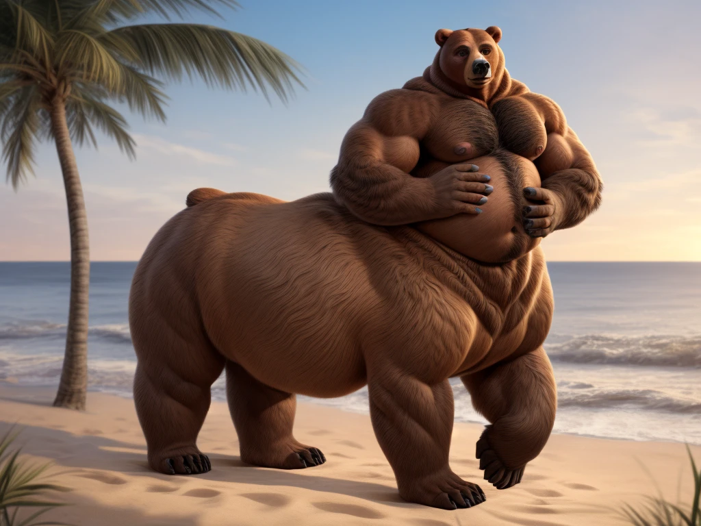 furry, fur taur, beartaur, middle-age, solo, detailed face, bear ears, bear eyes(brown), bear nose(black), bear mouth, garibaldi beard(grey), mature hair(grey), detailed arms, thick arms, muscular, thick hands(5 fingers), detailed body belly, thick body, muscle belly(white), thick chest, chest hair(grey), detailed taur body, thick taur body, thick bear paws, thick bear tail, full body shot, sunset, standing on the camp