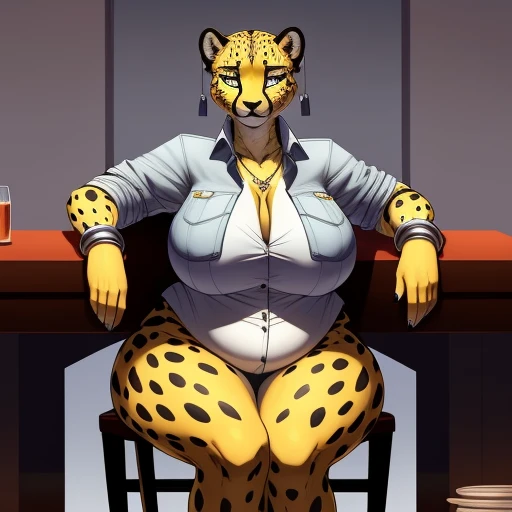 mature_cheetah female golden_yellow_furry_body silver_eyes milf thick_thighs large_breasts unbuttoned_work_jacket button_up_shirt pants dinner_table sitting_on_chair leaning_forward facing_forwards solo Masterpiece best_quality absurdres highly_detailed cleanly_drawn_eyes anthro_only by_claweddrip, by_greasymojo, by_underscore-b, by_runawaystride Female cheetah, fat, fat belly, fat thighs, fat arms, lovehandles, big breasts, silver eyes, golden yellow fur, black cheetah markings, black dress, silver earrings, silver bracelets, silver rings, silver necklaces,