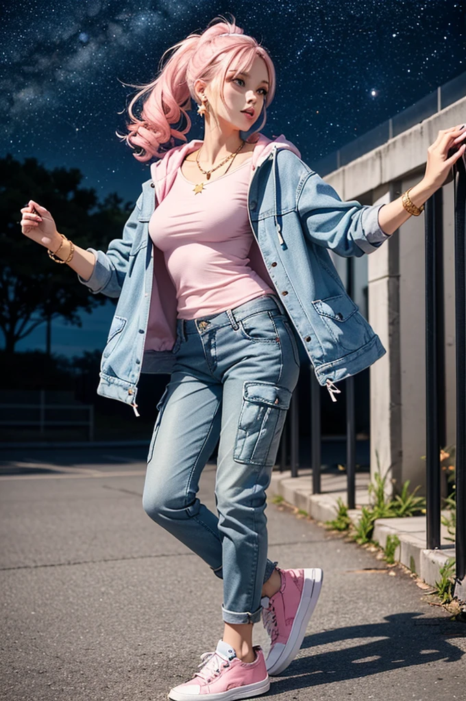 ((Holding a cute orange bantam cat))，((Highest quality，masterpiece，Full frontal view of a blue-grey super-long high ponytail mature beauty with straight hair and big breasts，Air bangs，Slightly curly hair on double sideburns，Hair ends curled in，Gray and pink short T-shirt，Light blue denim gray hooded jacket，Black and gray cargo pants，Pink and white sneakers))，Simple, small and exquisite round necklace，Little star earrings，Wearing a very thin gold bracelet on the right hand，starry sky galaxy background