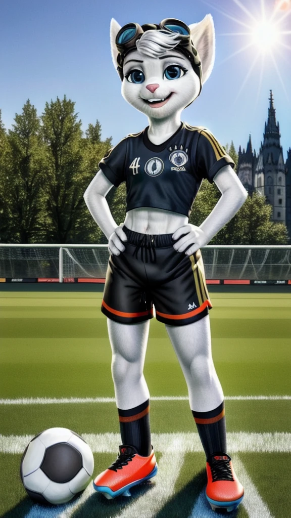 Rivet, tail, furry girl, 1girl, solo, young, (((Germany soccer shorts))), (((Germany soccer shirt))), (((Germany soccer shoes))), standing inside city park, detailed body fur, detailed body, detailed eyes, detailed face, athletic, skinny, high quality, masterpiece, small breasts, goggles, :D, looking at you, full body, ((good lighting on crotch)), (aroused), (horny), (bedroom eyes), ((vaginal juice dripping from crotch))