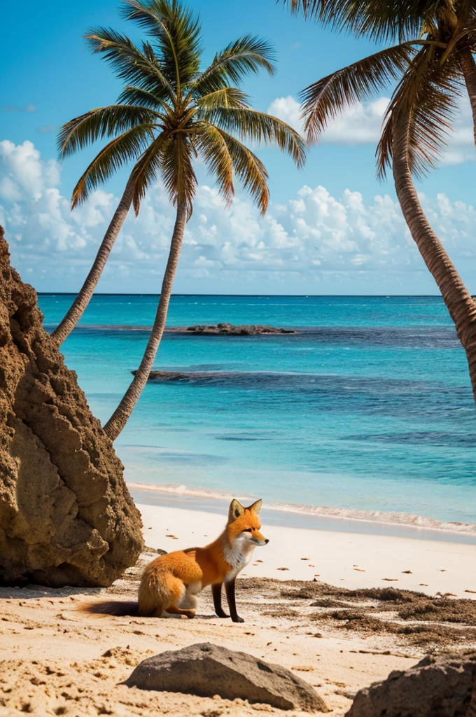 A lone red fox sitting on the sandy beach of a deserted tropical island. Palm trees and rocks surround it, with turquoise sea and clear sky in the background. The fox gazes into the distance at the horizon where the sun is setting. Realistic style, warm tones, atmosphere of adventure and solitude.