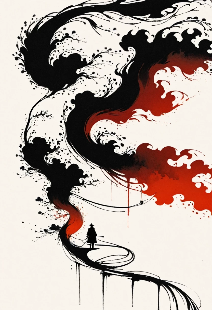 中国Ink Painting, Gray and White, Minimum, Wire, White background,The Trail, Minimalism, Wire性风格, Huge negative space, Ink Painting, Abstract，Blood-stained sunset，solitary Man