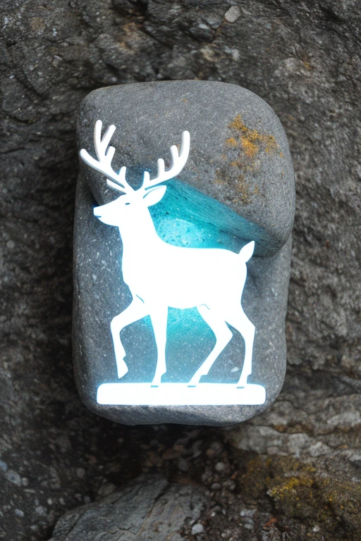 Minimalist full body reindeer logo carved on a light blue minimalist rock with golden ratio
