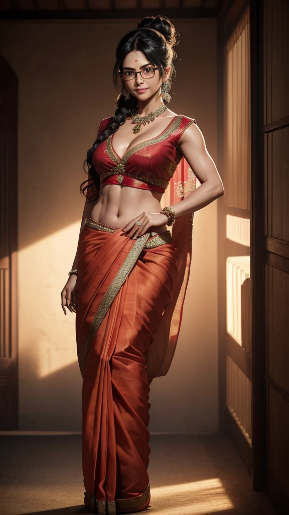 (8k, RAW photos, minino:1.1) ,female,(looki at viewer company),cowboy lens,Japanese,hange / (attack on titan\),(fullbody saree:1.1),La Brett Piercing,cleavage,((( saree))),seductive smile,Be red on the face, full body photo, standing, lean, muscular legs, muscular belly, blouse, long hair big bun, black hair, eyes, bun hair, medium breasts, glasses, Professional lighting、photon mapping、physics-based rendering、dark theme,wearing wifs, jewellery and necklace, alone, extreme high quality, legs covering saree