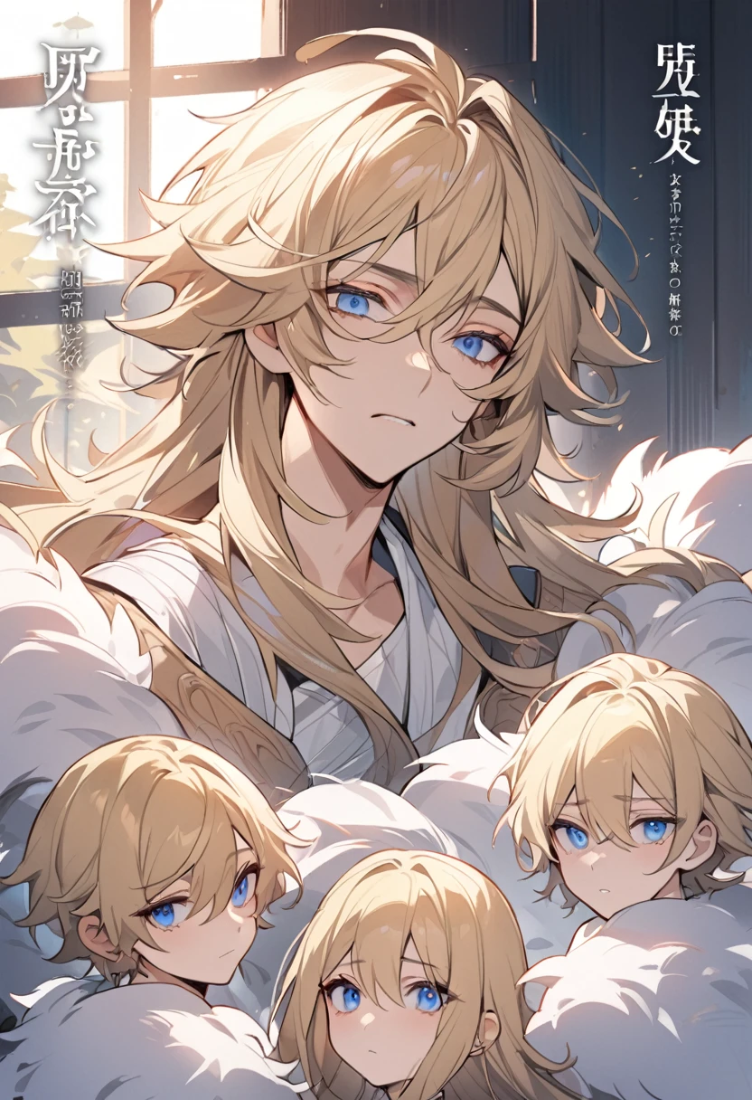 ((4k, masterpiece, high quality) magazine cover, portrait of a beautiful young boy, blonde hair, shoulder-length hair, fluffy hair, messy blonde hair, blue eyes, plain white shirt, with bandages, sad expression , fantasy character, character design, manhwa style, androgynous appearance, pixiv illustration, zerochan illustration