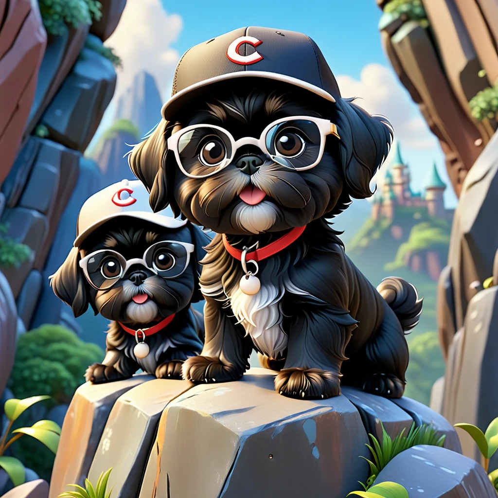 2 Adorable small black Shih Tzu puppies wearing baseball cap and glasses rock climbing Disney background 3d cartoon 3d render disney pixar style