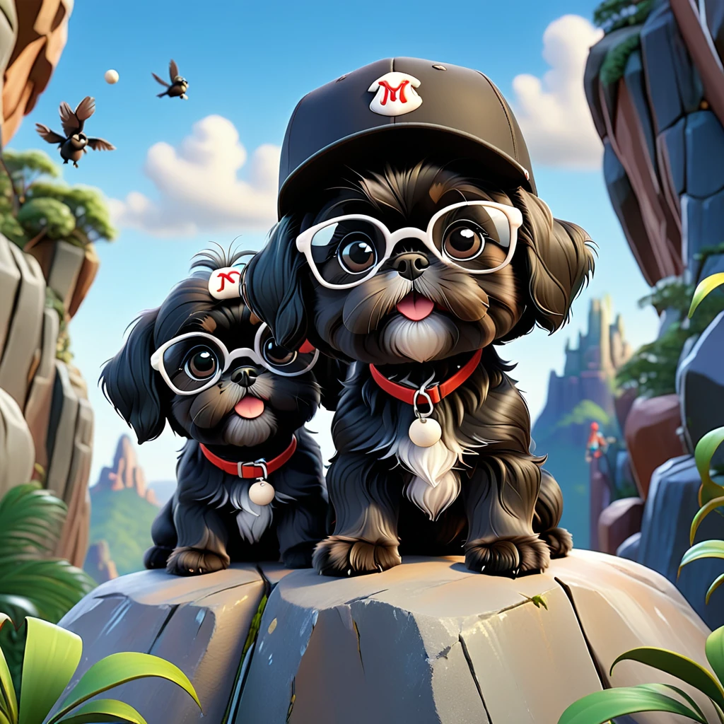 2 Adorable small black Shih Tzu puppies wearing baseball cap and glasses rock climbing Disney background 3d cartoon 3d render disney pixar style