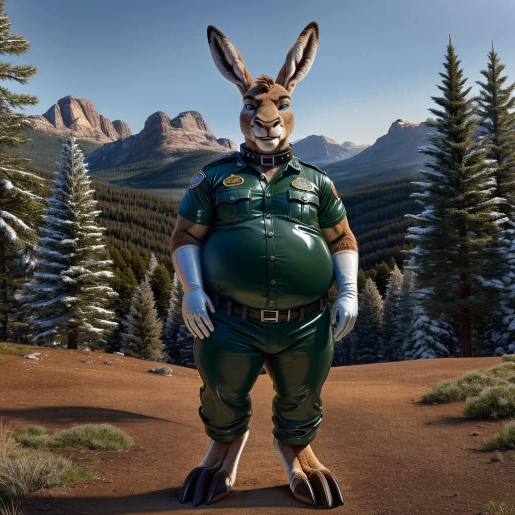 solo, full body, Male, fat, extremely obese, Kangaroo, park ranger, trousers, outdoor, park ranger uniform, collared shirt with buttons, blue eyes, (soft shading), 4k, hi res, ((detailed face, detailed)), looking at viewer, evil grin, Kangaroo is wearing the collared shirt and leather collar at the same time, Kangaroo is wearing a glossy leather dog collar around the neck, Kangaroo is wearing white rubber gloves on the hands, white rubber gloves on the feet, gloves are rubber in texture, leather collar is shiny, leather collar is extremely detailed, rubber gloves are glossy, Evergreen pine forest and mountains national park in the background, Environmental protection area.