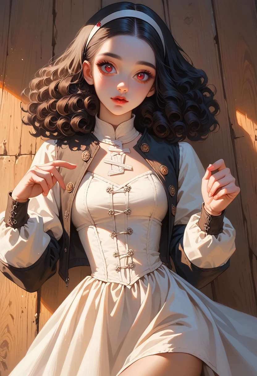 Masterpiece) best quality, (((perfect eyes, perfect face))), 1girl (((from medieval times with a sexy body))), (((white dress))), (((short black jacket))), hairband, (((very short grey hai with curly at the end))), red eyes, slim body, (((porn pose))), (((NSFW))), (((man is teasing girl from behind by rubbing his penis on her pussy))), ((((NO FUTANARI))))