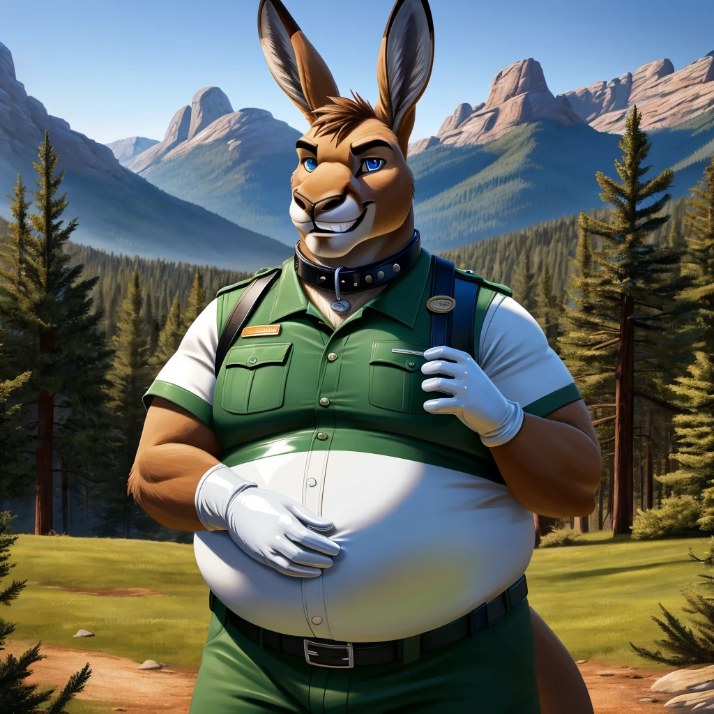 solo, full body, Male, fat, extremely obese, Kangaroo, park ranger, trousers, outdoor, park ranger uniform, collared shirt with buttons, blue eyes, (soft shading), 4k, hi res, ((detailed face, detailed)), looking at viewer, evil grin, Kangaroo is wearing the collared shirt and leather collar at the same time, Kangaroo is wearing a glossy leather dog collar around the neck, Kangaroo is wearing white rubber gloves on the hands, white rubber gloves on the feet, gloves are rubber in texture, leather collar is shiny, leather collar is extremely detailed, rubber gloves are glossy, Evergreen pine forest and mountains national park in the background, Environmental protection area.