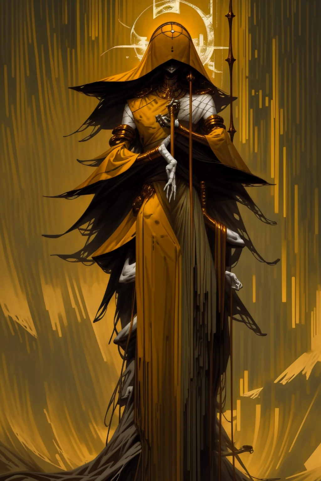 a tall menacing figure, wide shoulders, frail body, gaunt, body is withering/decaying, covered head to toe in a tattered yellow cloak, tattered yellow hood over the head, scrappy yellow veil hanging over entire face, face completely (concealed), old yellow stained bandage wraps loosely cover arms, many golden bangles loosely hanging off both forearms, covered in golden jewelry, old decrepit hands, a giant golden sunset behind them, decaying entity, flowing yellow cloak over entire body