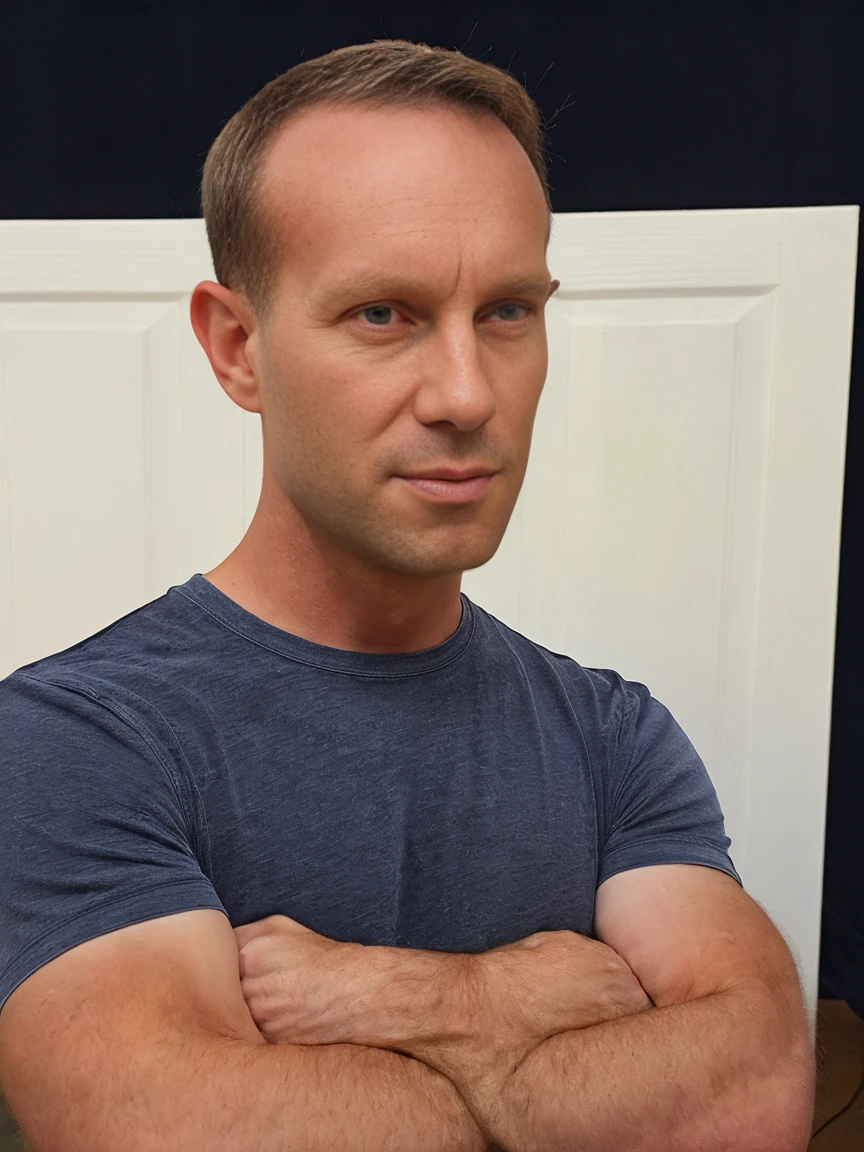 a man in photo studio looking to side, side angle of face, black shirt, ((holding a professional digital camera)), solid studio background, HD, 8k highest quality photography