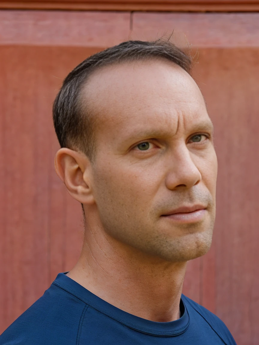 a man in photo studio looking to side, side angle of face, black shirt, ((holding a professional digital camera)), solid studio background, HD, 8k highest quality photography