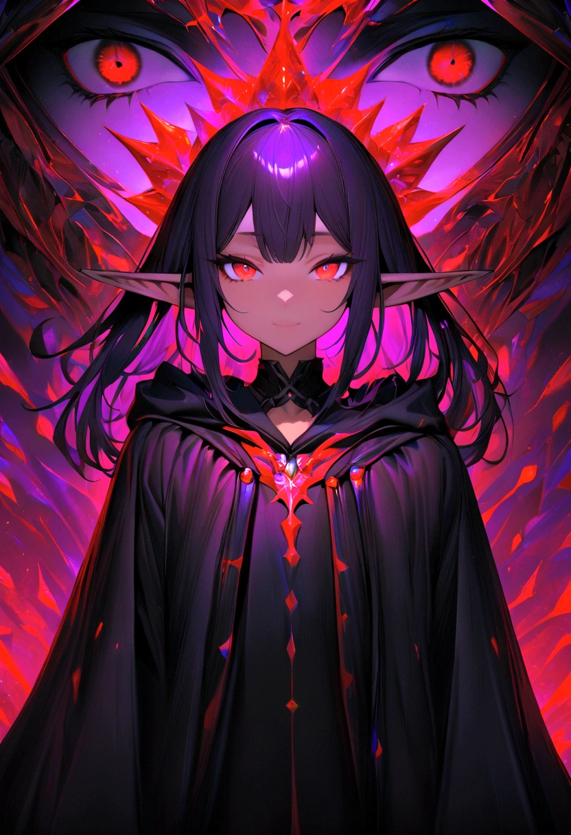 1boy, medium-length straight black dark purple hair, red-ish violet eyes, slightly dark skin, elf ears, black robes, soft smile, absurdres, high res, ultrasharp, 8K, masterpiece, looking at viewer