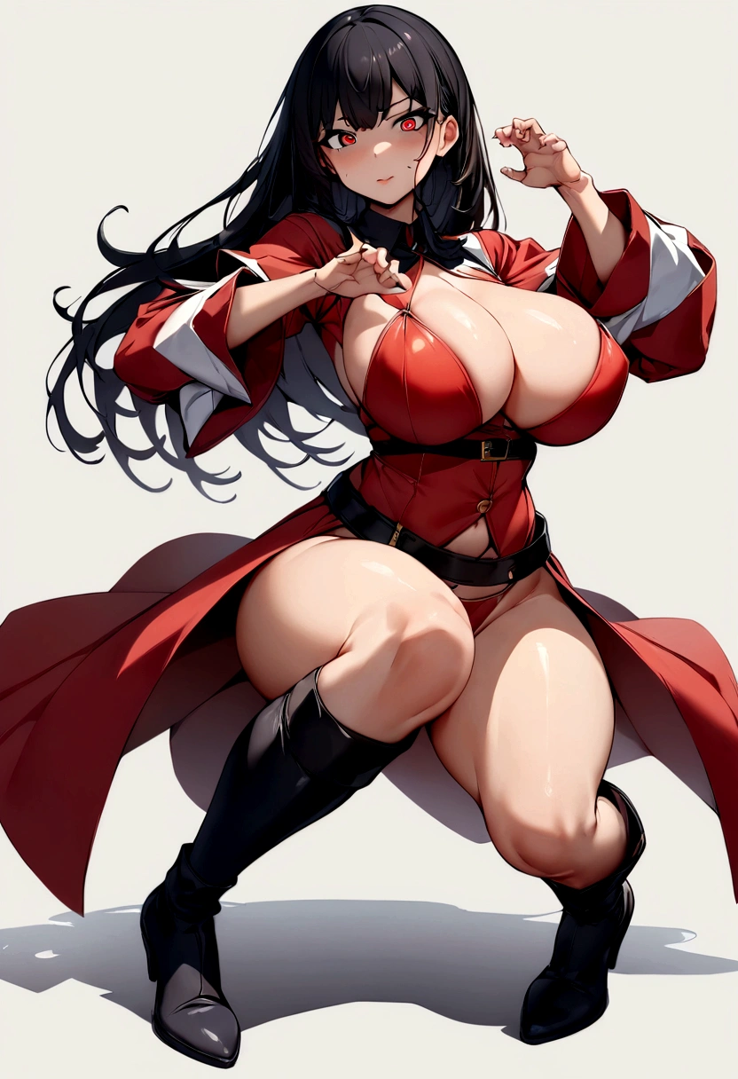 ((best quality)), ((masterpiece)), (detailed), 1girl, detailed eyes, full body, long black hair, full body, skimpy red mage clothes, big breasts, round hips, light skin, blank grey background, mage attack pose