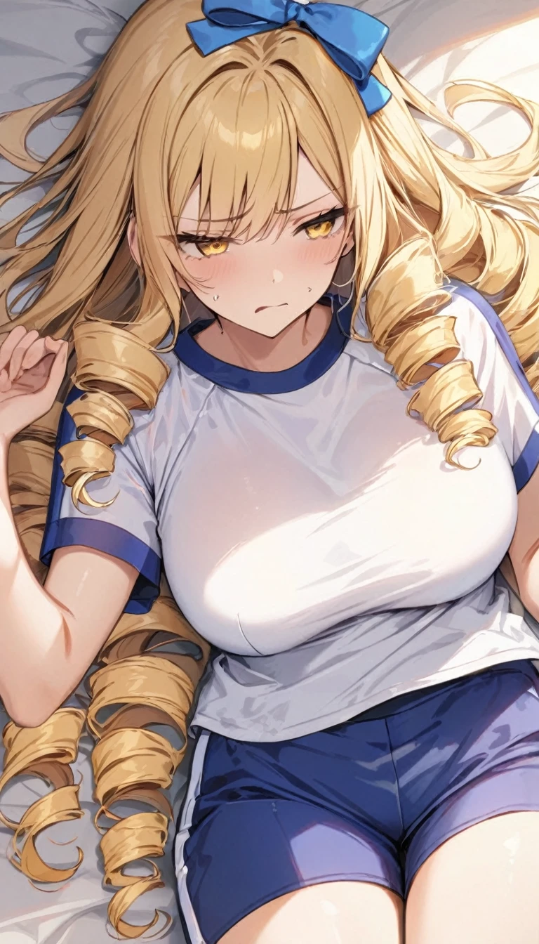 masterpiece, best quality, 1girl, solo, blonde hair, drill hair, long hair, yellow eyes, blue headbows, school sport outfit, white t-shirt, blue shorts, large breasts, disgust, laying on back