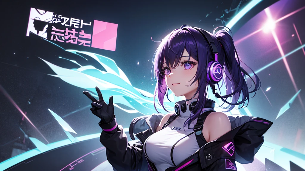 Woman with headphones having a sense of peace, eyes locked, beautiful face, cores RGB, Bright purple hair, アニメ, Glittering Background, Banner for youtube video, happy girl, extremely attractive and with low breasts, clouds with cores RGB, bright cores RGB.