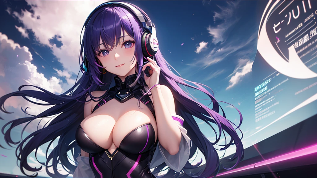 Woman with headphones having a sense of peace, eyes locked, beautiful face, cores RGB, Bright purple hair, アニメ, Glittering Background, Banner for youtube video, happy girl, extremely attractive and with low breasts, clouds with cores RGB, bright cores RGB.