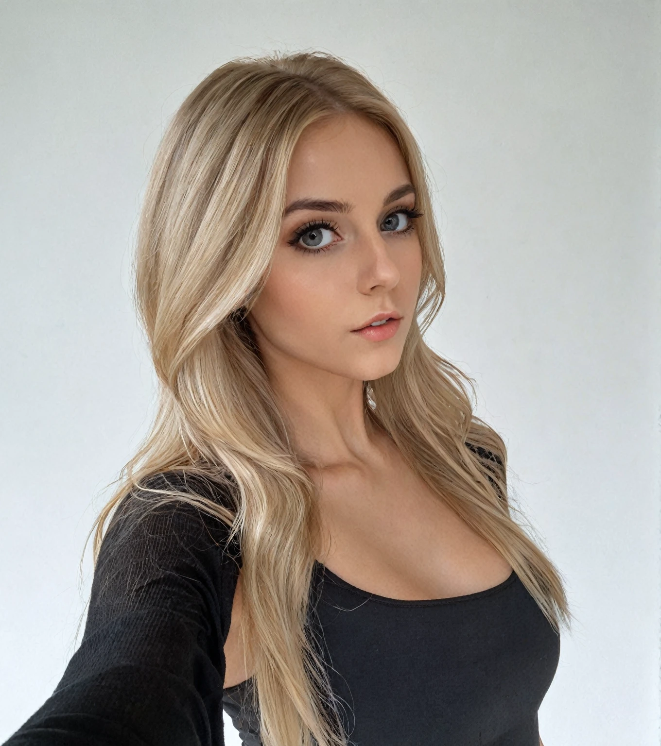 Blonde woman with long hair and a black top posing for a photo, 2 4 year old female model, long blonde hair and big eyes, brunette with dyed blonde hair, blonde hair and big eyes, she is wearing a black tank top, sexy girl with long blonde hair, with long blonde hair, A girl with blonde hair, Aleksandra Waliszewska