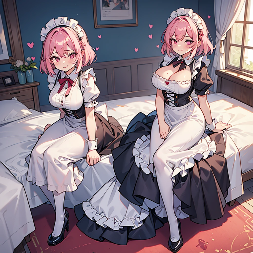 ((masterpiece)), ((best quality)), ((highly detailed)), (original), ((delicate background)), ((extremely detailed 8K wallpaper)), sweet, depth of field, BREAK maid, ((classic maid clothes)), ((scanty clothing)), lots of frills, ((huge breasts)), BREAK curly hair, faint pink hair, short hair, BREAK ((heart-shaped eyes)), pink eyes, tongue out, blush, sweating, BREAK 1girl, solo, cute girl, , shiny skin, BREAK full body shot, sitting on the bed, looking at the viewer,