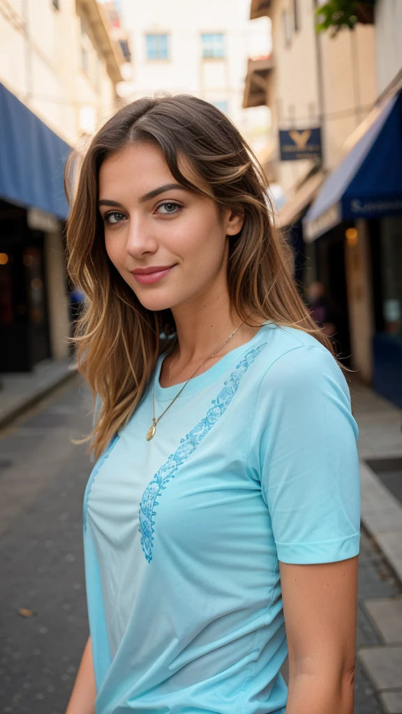 Cute beautiful lebanese blonde with blue tshirt (Runs along a long city street), muito detalhado, 21 years old, innocent face, naturally wavy hair, blue eyes, high-res, masterpiece, best qulaity, Intricate detailing, muito detalhado, sharp focus, detailed skin, realistie Hauttextur, Textur, detailled eyes, professional, 4K, charming smile, taken with Canon, 85 mm, light depth of field, Kodak Vision Color, perfectly fitting body, extremely detail, photoshot_\(ultra\), fotorealisti, realisti, Post processing, maximum details, roughness, real life, ultrarealisti, photoshotrealismus, photoshotgrafie, 8K UHD, photoshotgrafie
