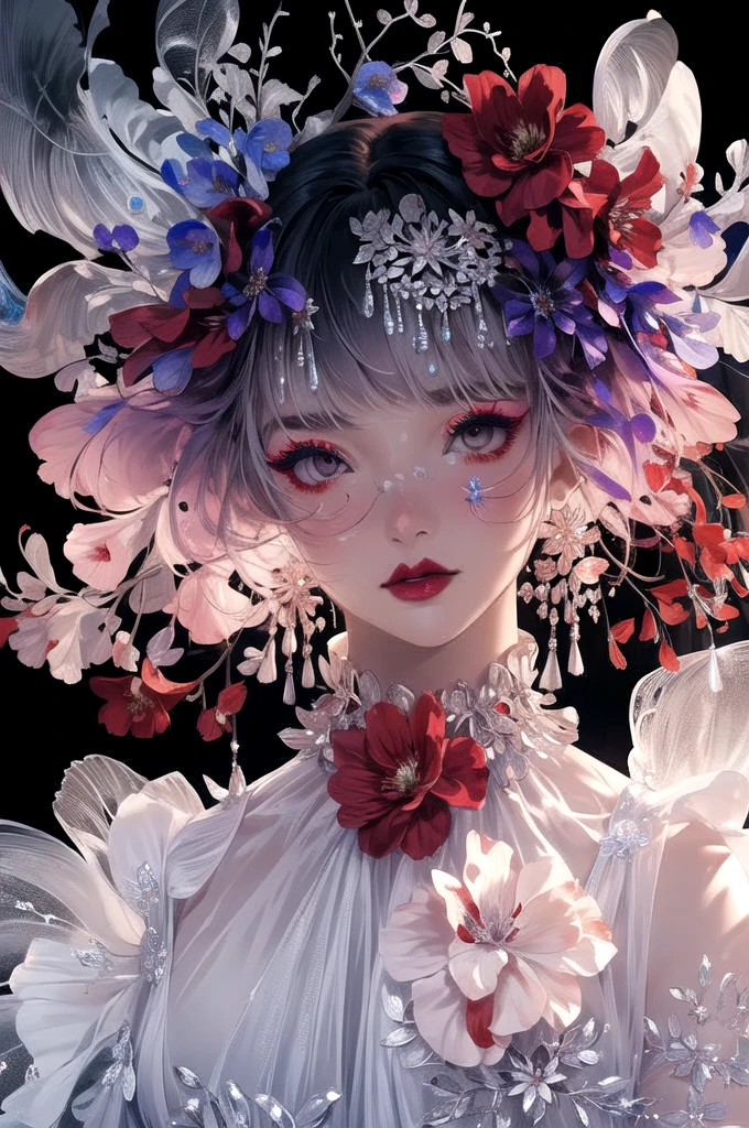 ((masterpiece)), (best quality), official art, extremely detailed CG, unity 8k wallpaper, ultra detailed,
fashion_girl, colorful hair, jewelry, flower, bold makeup, burgundy theme, deep shadow, dimly lit, shade,
portrait, (upper body:1.5), (full body:1.5),
