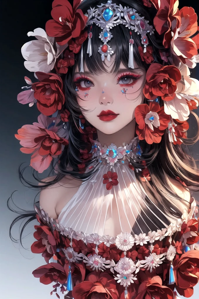 ((masterpiece)), (best quality), official art, extremely detailed CG, unity 8k wallpaper, ultra detailed, 
fashion_girl,  colorful hair,  jewelry,  flower,  bold makeup, burgundy theme,  deep shadow,  dimly lit,  shade, 
portrait, (upper body:1.5), (full body:1.5),  
 